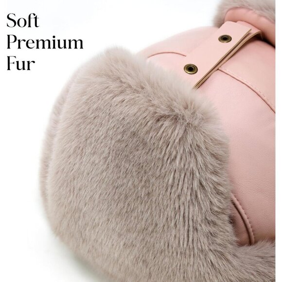 ⭐Womens Black PU Black Leather Trapper Hat with Faux Fur Lining Warm Aviator Hat - Picture 5 of 7